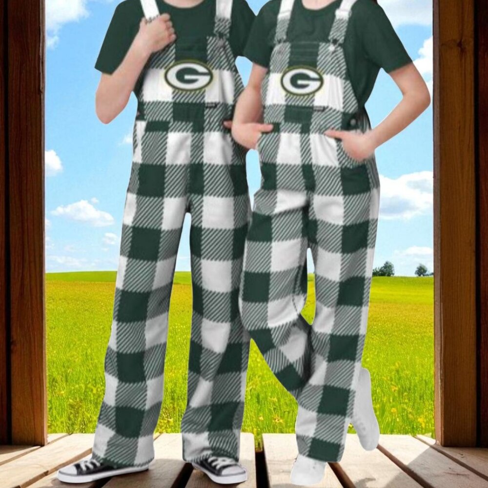 NWOT FOCO (MED) Youth GREEN BAY PACKERS Plaid Overall Bibs